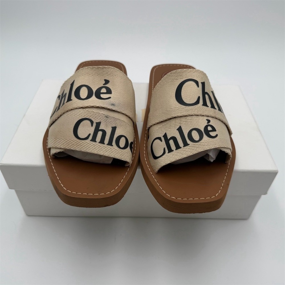 Chloé‎ Woody Slide Sandals Womens Beige Logo Straps Flat Mule Slip-On